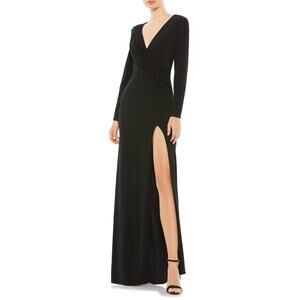 Mac Duggal Ruched Jersey Long Sleeve Column Gown Black - 6